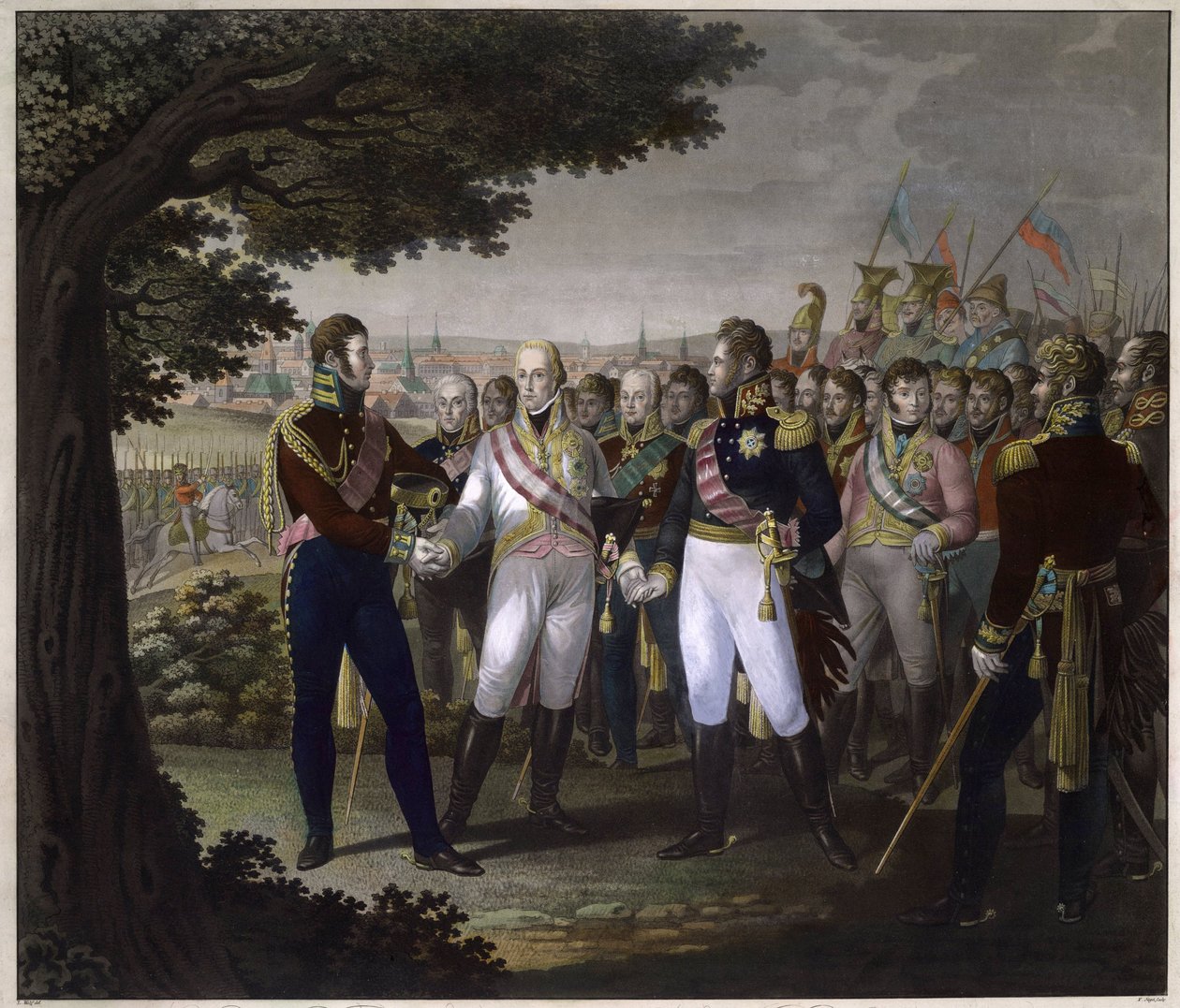 Den ryske tsaren Alexander I (1777-1825), den österrikiske kejsaren Francois I (1768-1835) och den preussiske kungen Frederic Guillaume (Frederic-Guillaume) III i Prag den 18 mars 1813 - Mötet mellan kejsarna Frans I av Österrike, Alexander I av Ryssland o av Johann Friedrich Jügel