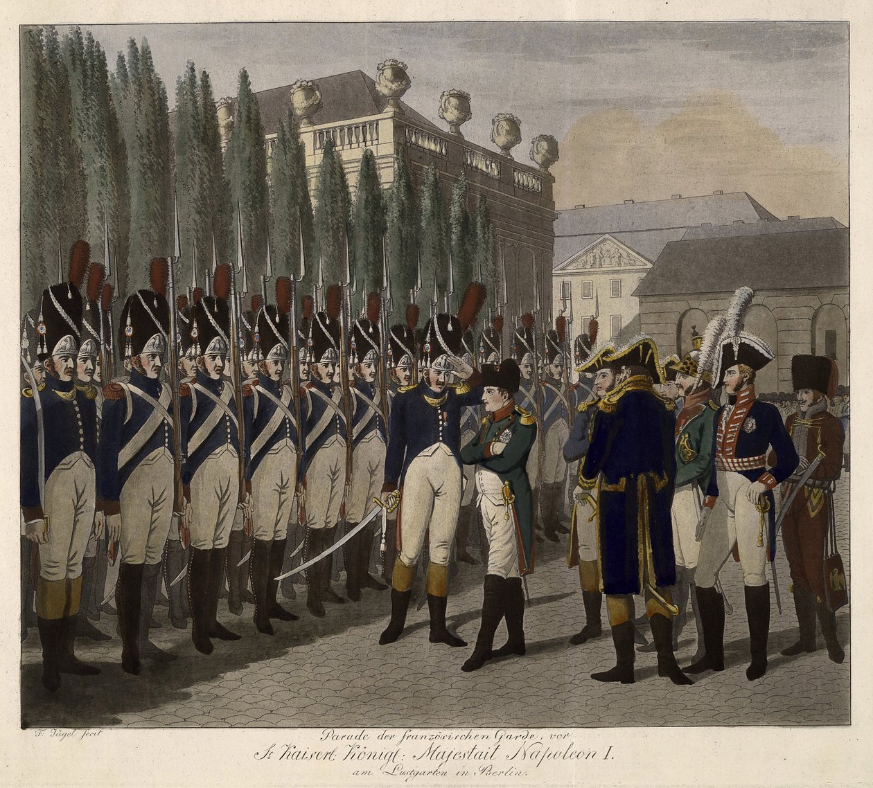 Parad av de franska gardena vid Lustgarten i Berlin 1806 - Juegel, Johann Friedrich (1772-1833) - 1806 - Akvatint - 31,6x39 - Privat samling av Johann Friedrich Jügel