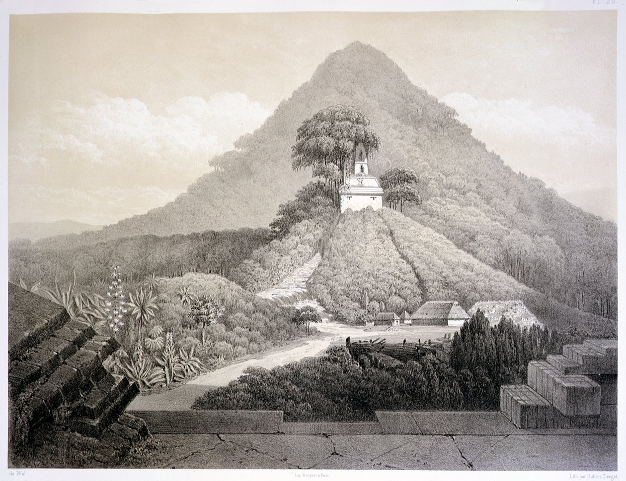 Pittoresk utsikt över korset, Palenque, skylt 20 från "Ancient Monuments of Mexico", graverad av Hubert Clerget (1818-99) 1866 (litho) av Johann Friedrich Maximilian von (after) Waldeck