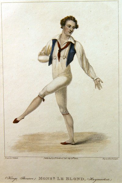 Porträtt av Monsieur Le Blond, en dansare på Haymarket Theatre, London, dansande med ben och arm utsträckt, graverad av R. Cooper av Johann Friedrich Maximilian von (after) Waldeck