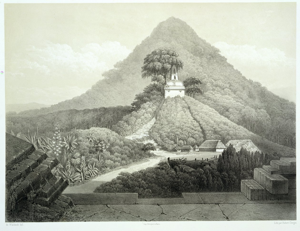 Pittoresk utsikt över korstemplet, Palenque, skylt 20 från "Ancient Monuments of Mexico", graverad av Hubert Clerget (1818-99) 1866 av Johann Friedrich Maximilian von Waldeck