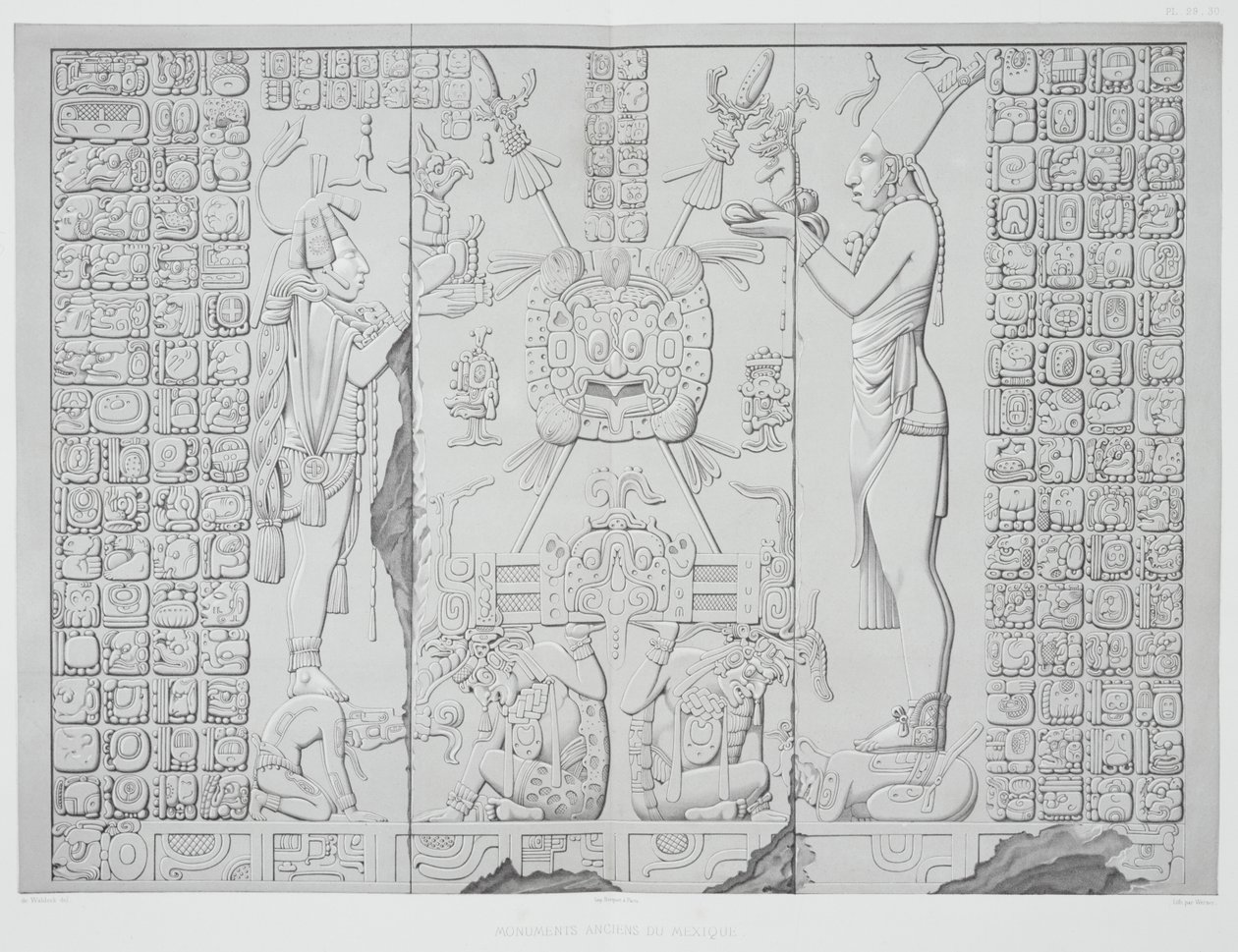 Relief föreställande en präst med offergåvor från Soltemplets helgedom, Palenque, plåtarna 29 och 30 från Mexikos antika monument, graverade av Werner, 1866 av Johann Friedrich Maximilian von Waldeck