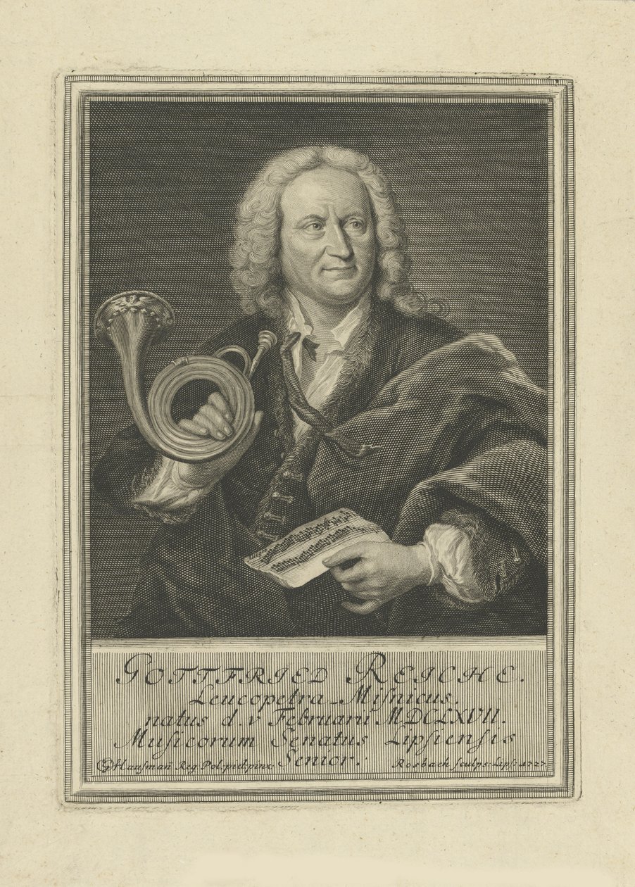 Porträtt av trumpetaren och kompositören Gottfried Reiche 1667-1734, 1727. av Johann Friedrich Rosbach