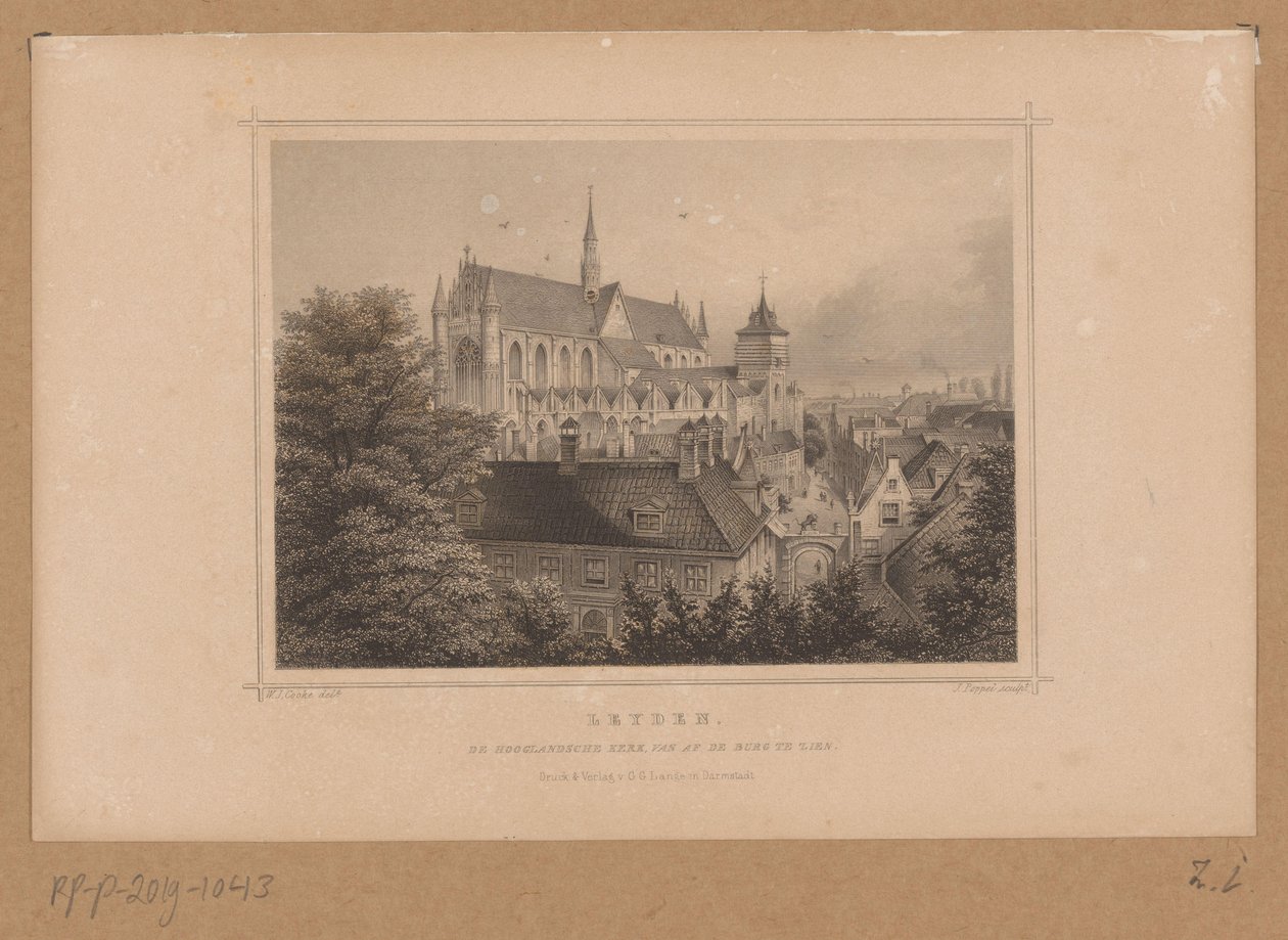 Utsikt över Hooglandse Kerk i Leiden Leyden, De Hooglandsche kerk, kan ses från burg (titel på objekt) av Johann Gabriel Friedrich Poppel