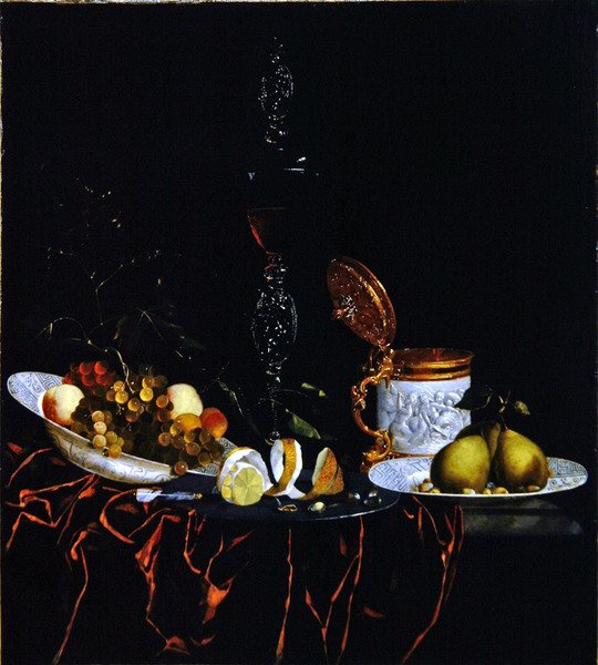 Ett stilleben på ett marmorbord, delvis täckt med en röd sammetsduk (olja på duk) av Johann Georg Hinz