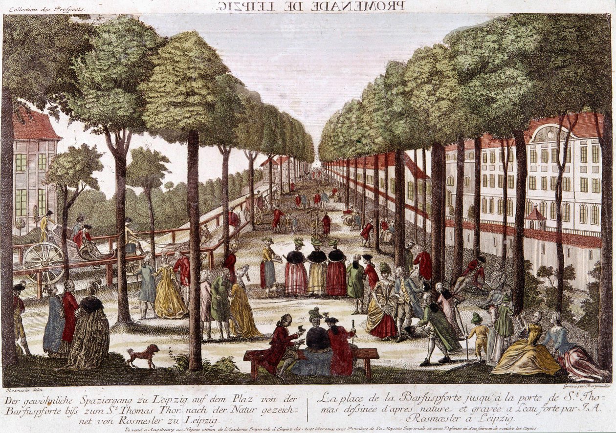 Leipzig-promenaden i slutet av 1700-talet. gravyr av Rosmesler & Bergmuller. av Johann Georg Bergmuller