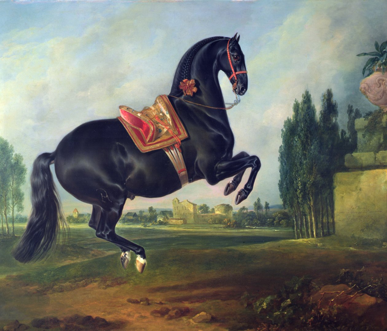 En svart häst som utför Courbette (för detaljer se 264709) av Johann Georg Hamilton