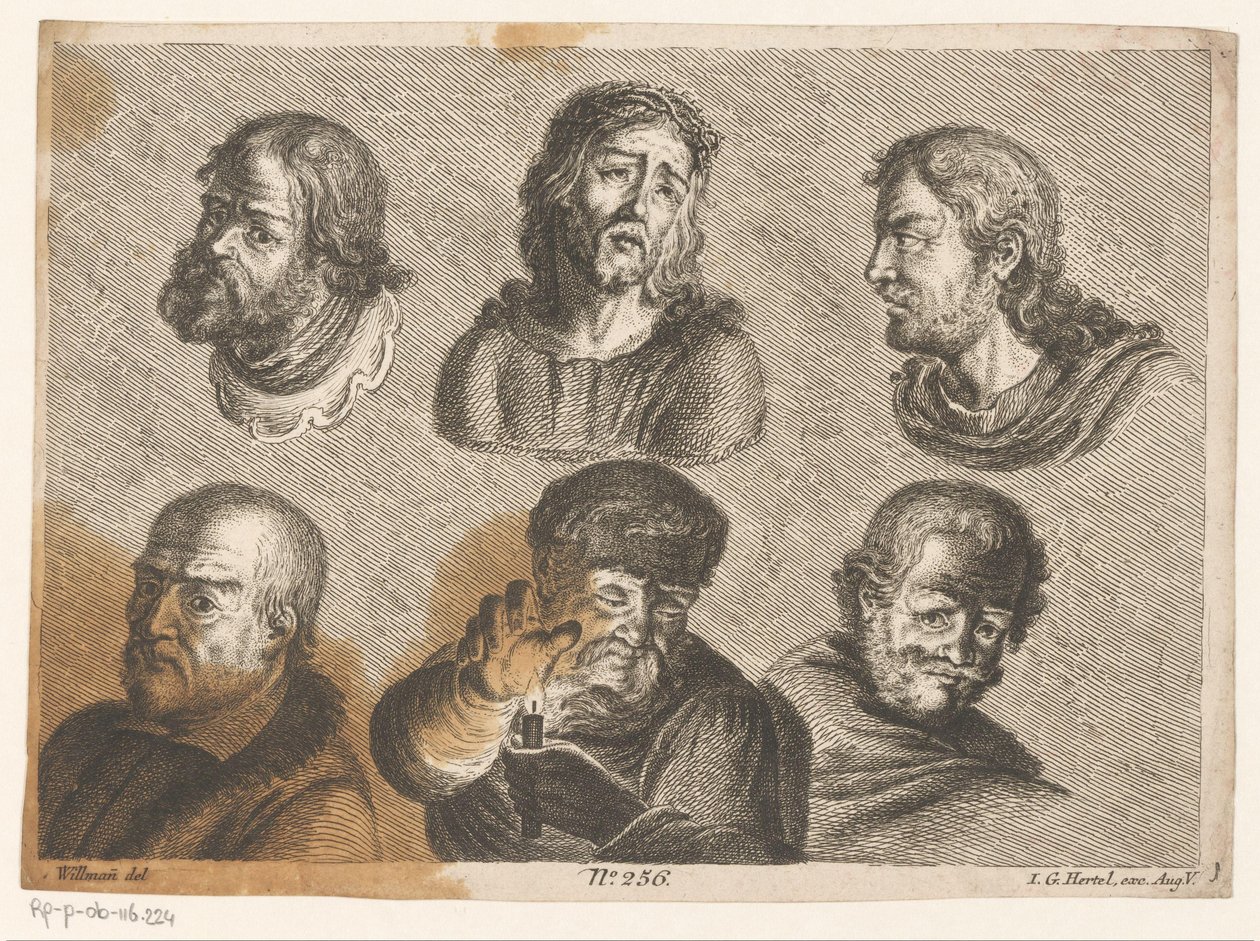 Sex mäns huvuden, inklusive Kristus och en man med ljus av Johann Georg Hertel (I) (possibly)