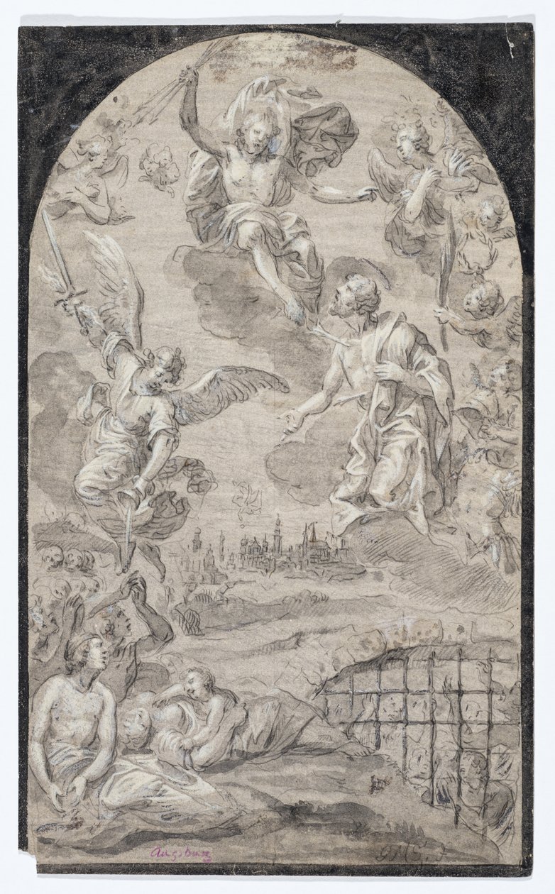 Helgon som ber Kristus att inte kasta åskviggen över staden Augsburg, ca 1501-1600 (svart krita, penna och svart bläck, grå och svart lav samt vit kroppsfärg på gråfärgat förlagspapper) av Johann Georg Melchior (1625 1705) Schmittner