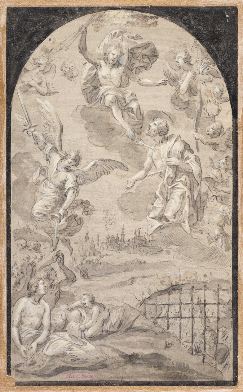 Helgon som går i förbön med Kristus för att inte kasta åskbulten över staden Augsburg av Johann Georg Melchior (1625 1705) Schmittner