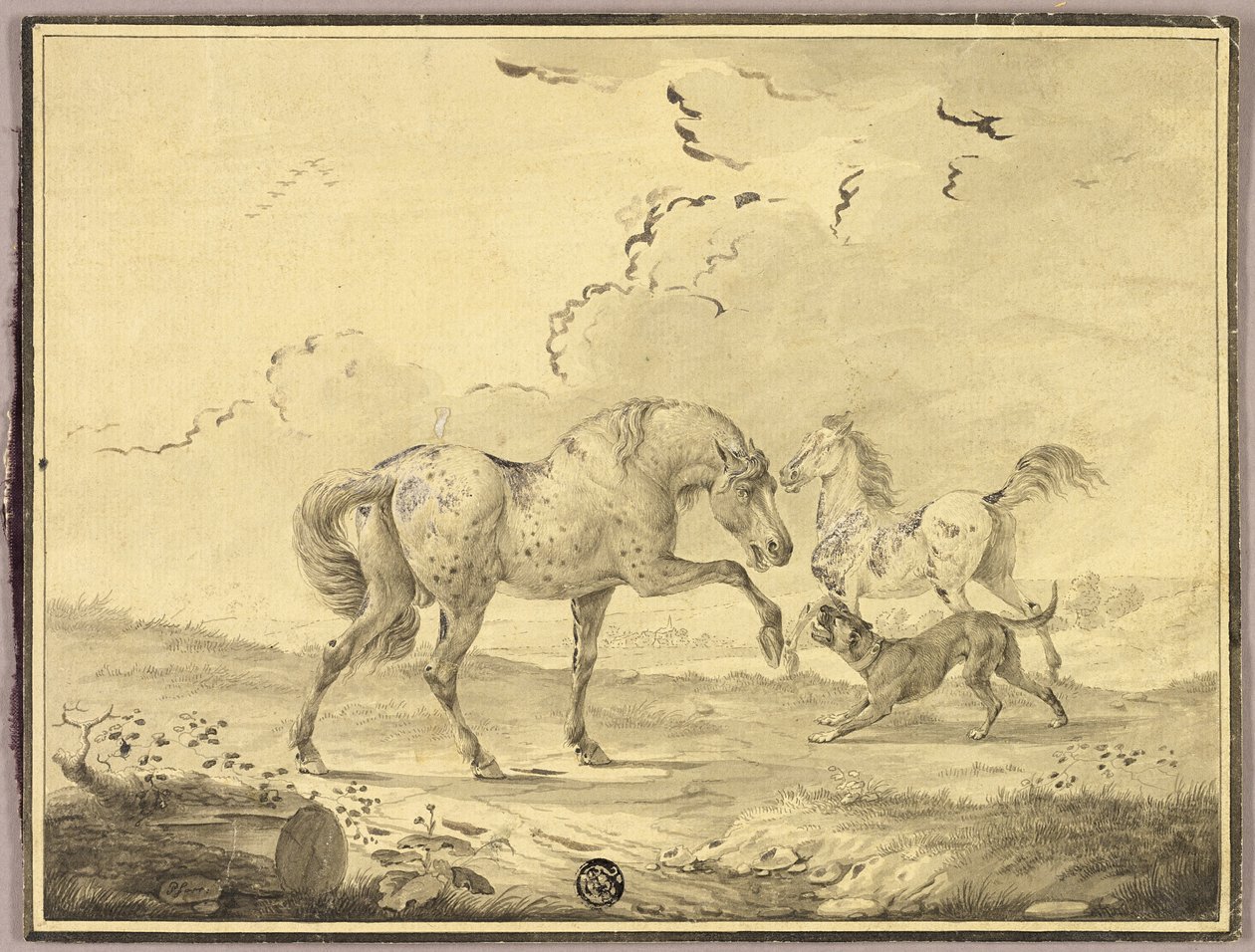 Två hästar slåss mot hund av Johann Georg Pforr