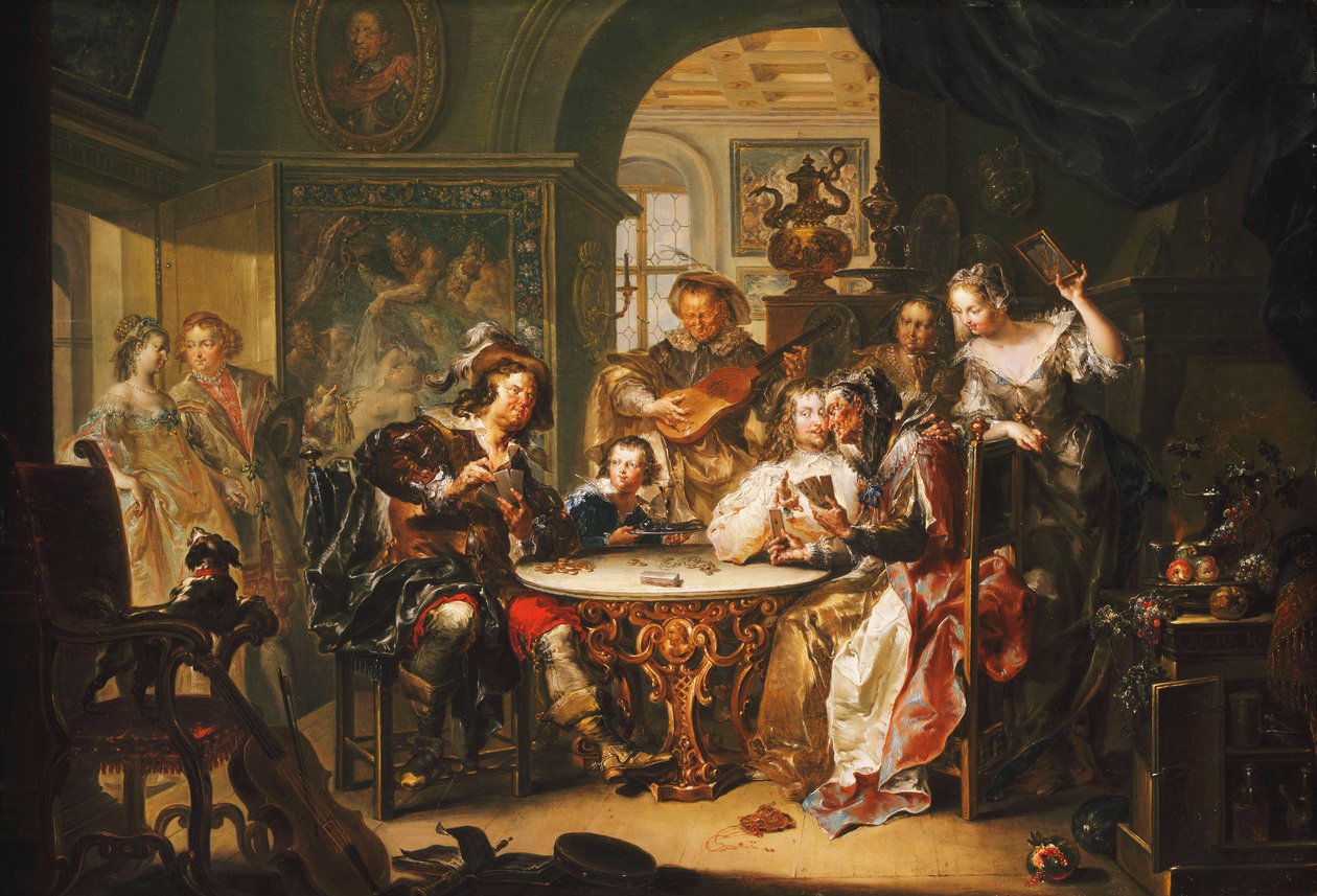 En gentleman som fuskar på Cards med en äldre dam i en överdådig interiör, av Johann Georg Platzer