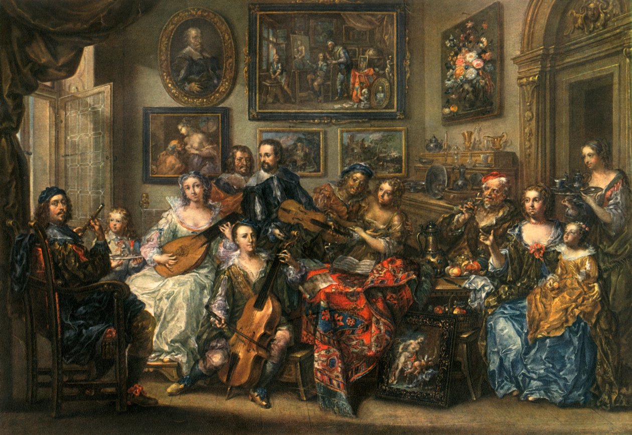 Flöjt, luta, cello och violin, Johann Georg Platzer 1704-1761, 1948 av Johann Georg Platzer