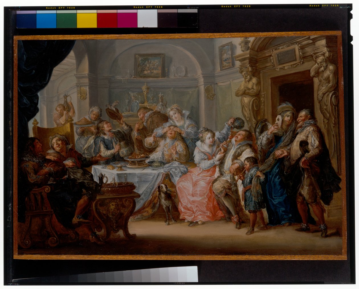 Interiör med eleganta figurer i maskeraddräkt fest av Johann Georg Platzer
