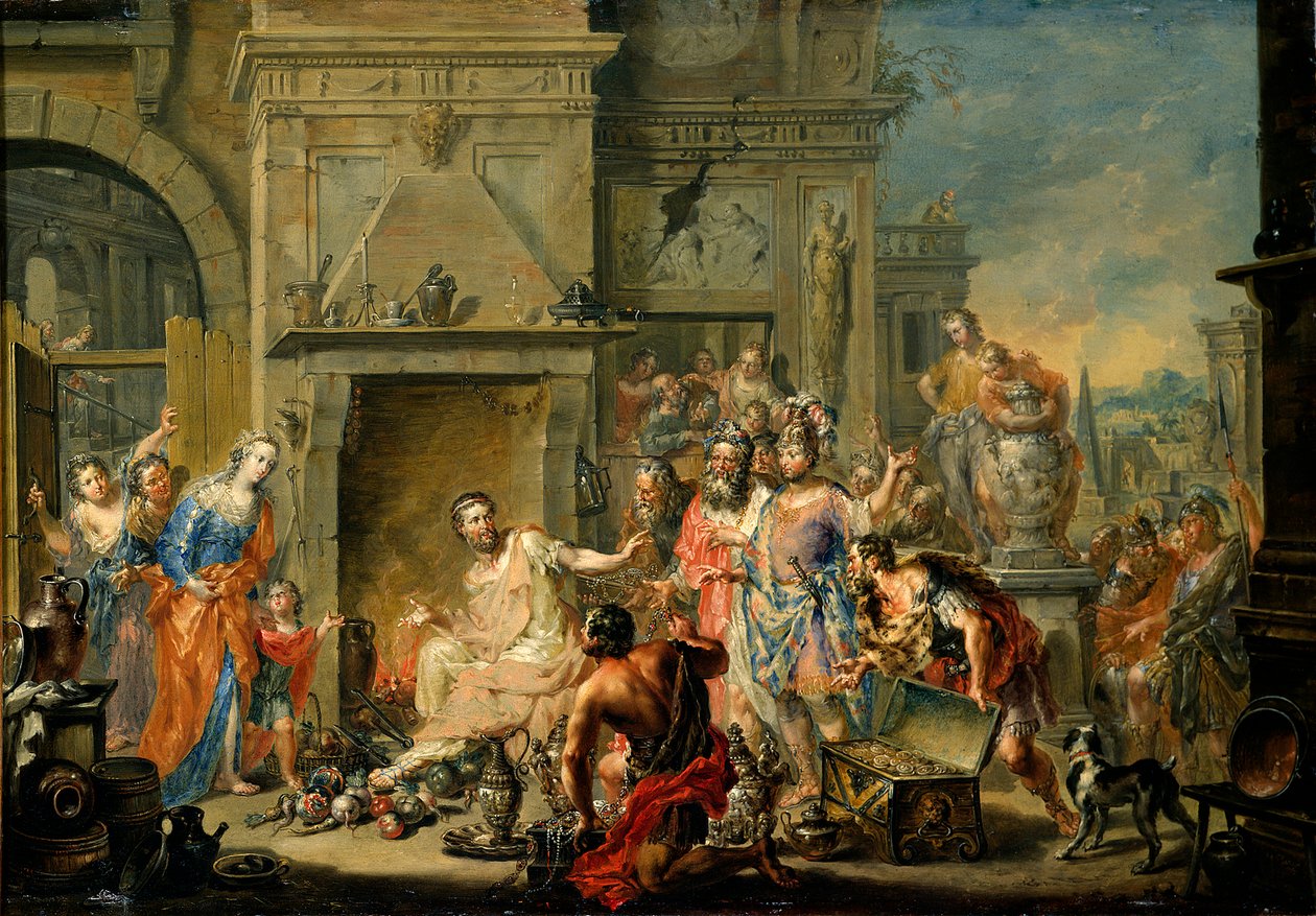 Rome Antique: "Manius Curius Dentatus (död 270 f.Kr.) vägrade samniternas gåvor". Manius Curius Dentatus vägrar Samniternas mutor - Olja på koppar av Johann Georg Platzer (1704-1761) - Statens konstgalleri, Dresden av Johann Georg Platzer