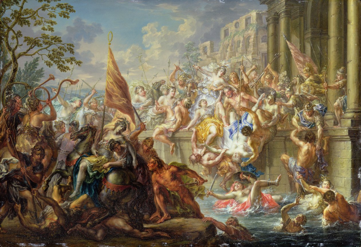 Slaget vid Amazonerna, ca 1730 (olja på koppar) av Johann Georg Platzer