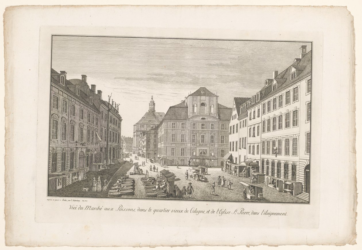 Vy över en fiskmarknad i Köln med Sint-Petruskerk Utsikt över fiskmarknaden i Kölns gamla stadsdel och Eglise St. Pierre, dans l