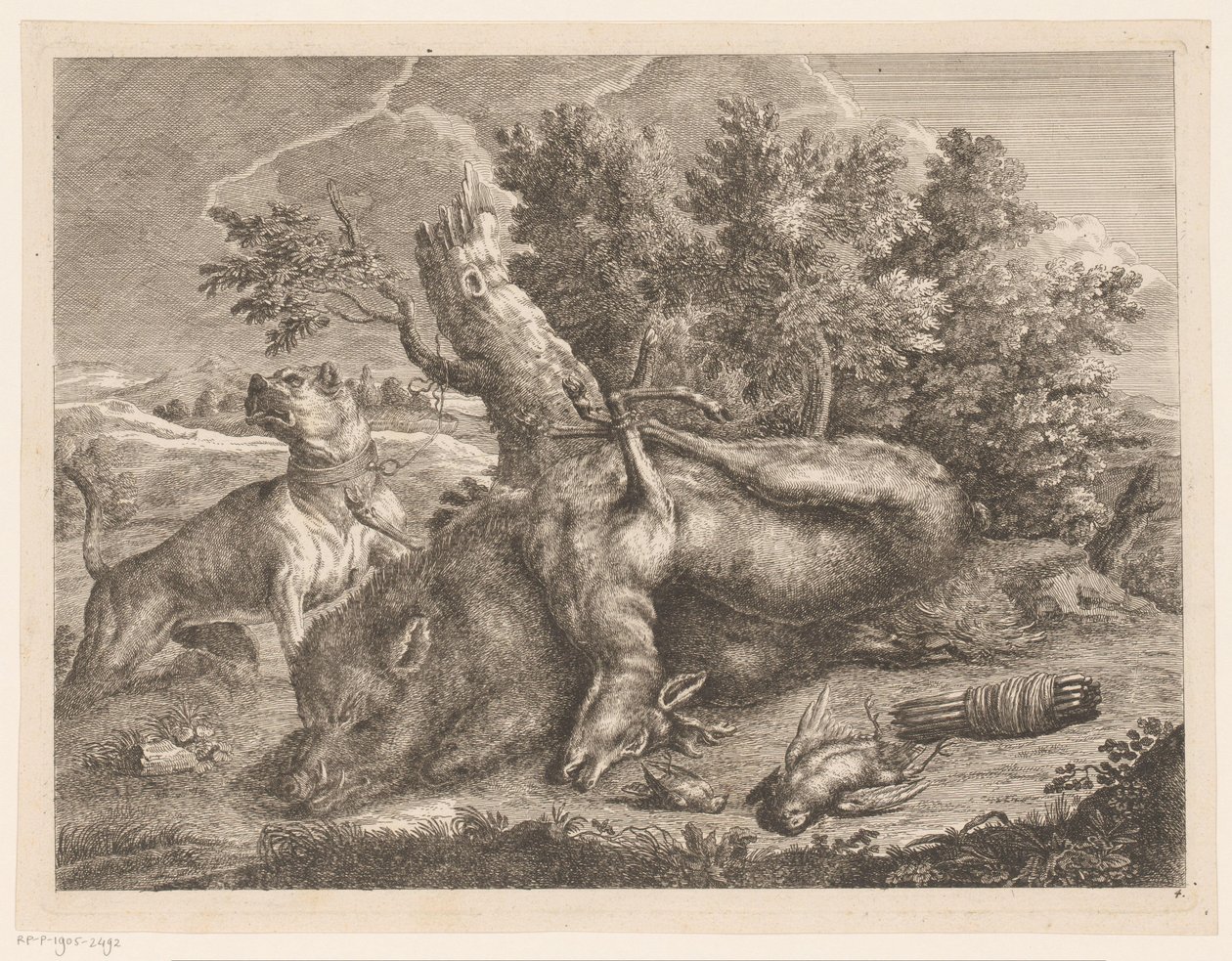 Jakthund och jaktbyte med vildsvin, rådjur och fåglar Jakt utomhus (serietitel) av Johann Georg Wachsschlunger