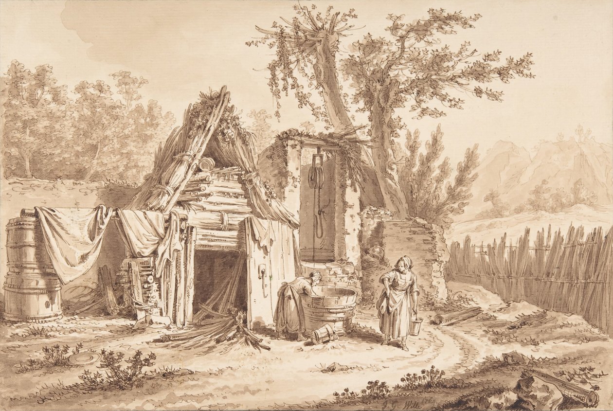 Tvättkvinnor framför en stuga, 1769. av Johann Georg Wille