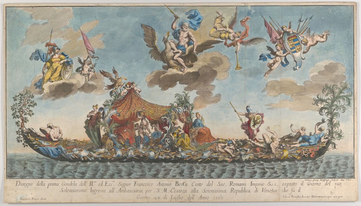 Francesco Antonio Berkas mycket prydda första gondol som går in i Venedig, Gods on cl..., 1700. av Johann Georg Wolfgang