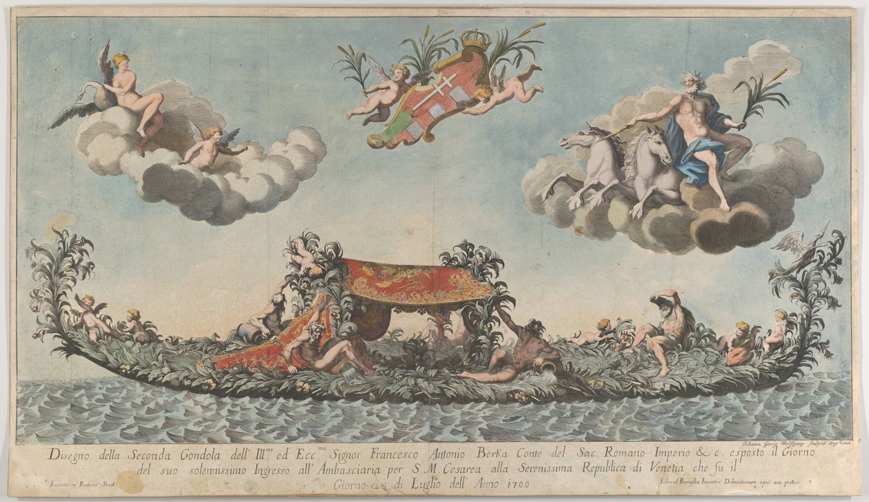 Francesco Antonio Berkas mycket prydda andra gondol på väg in i Venedig, Gods on c..., 1700. av Johann Georg Wolfgang