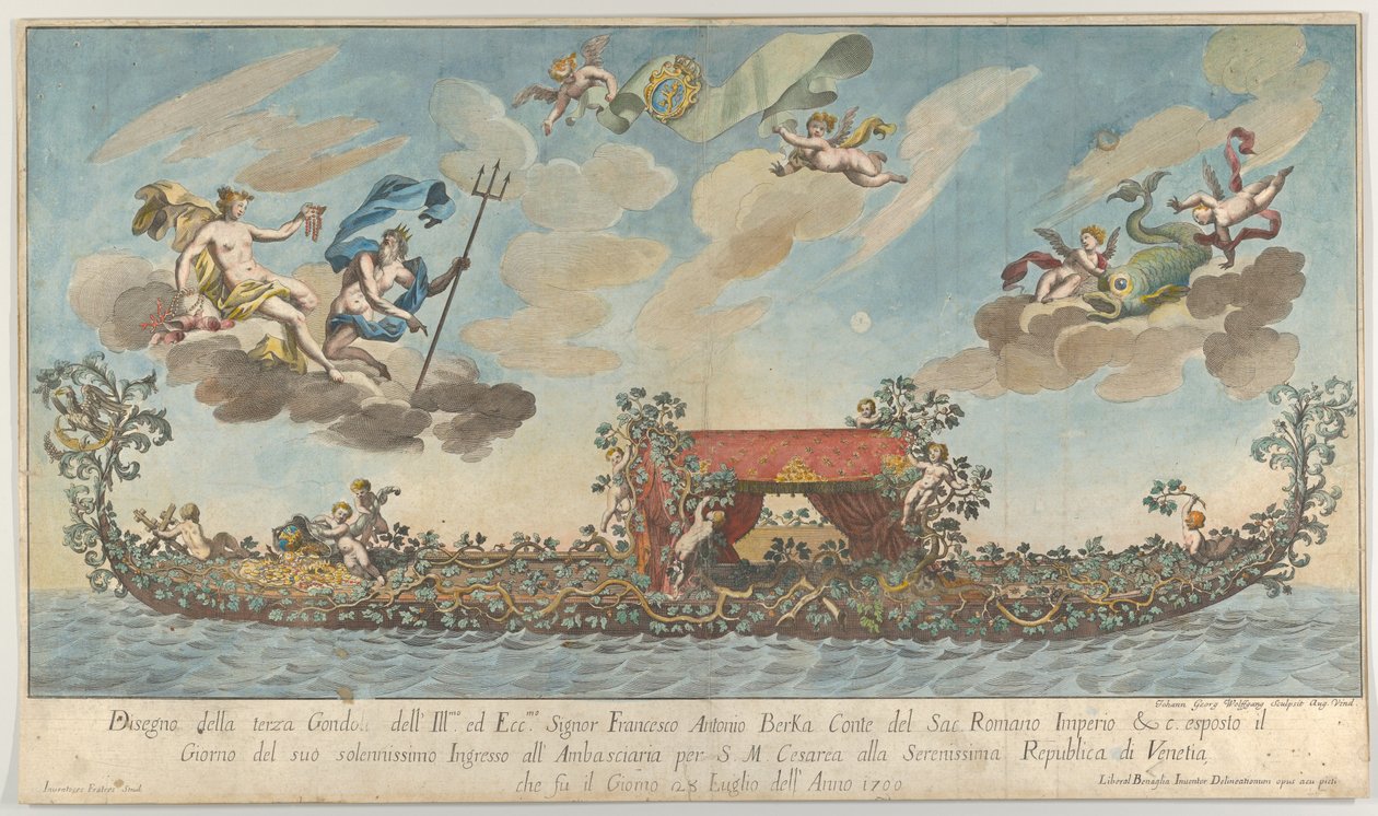 Francesco Antonio Berkas mycket prydda tredje gondol på väg in i Venedig, Gods on cl..., 1700. av Johann Georg Wolfgang