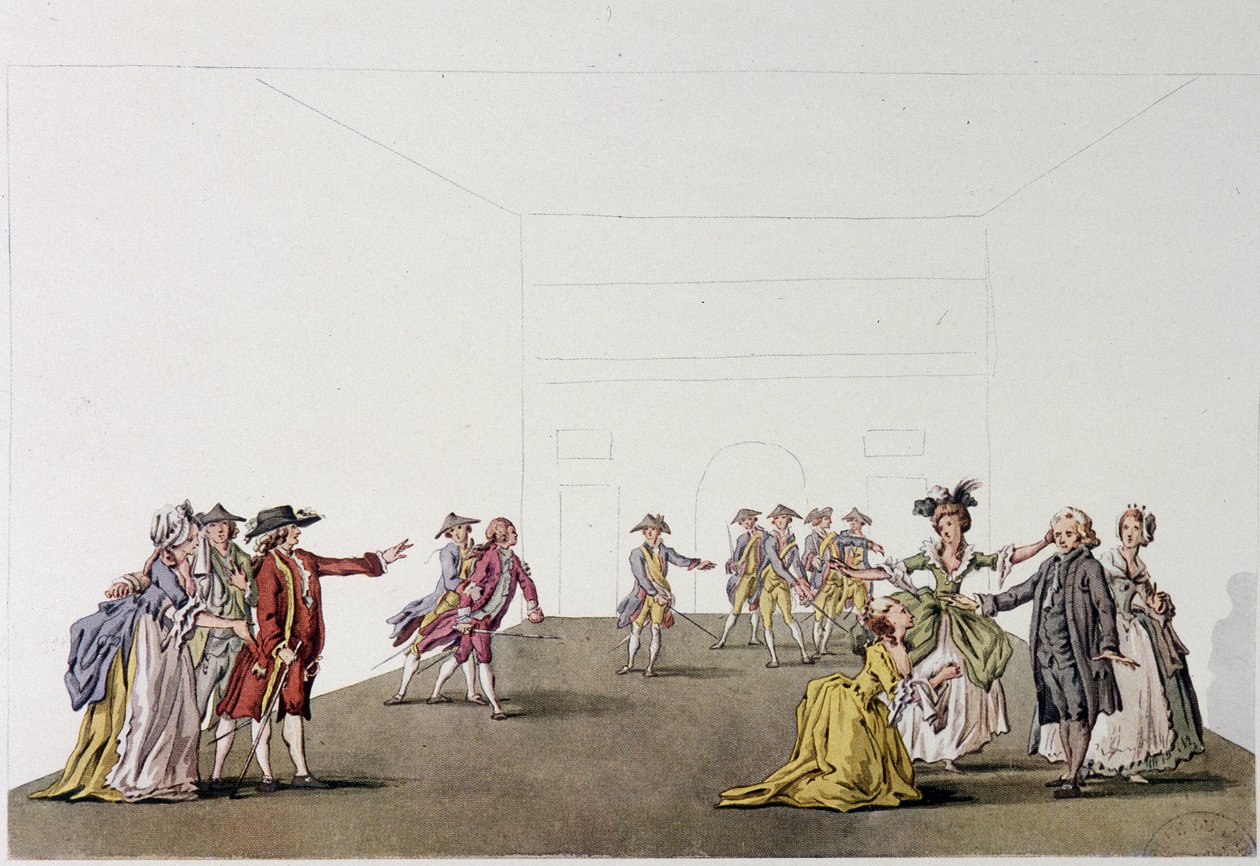 Sista scen av "Père de famille" av Denis Diderot - fac simile - gravyr efter en teckning av Ziesenis, Coutellier, i "Histoire generale illustrée du theatre"" av Johann Georg Ziesenis