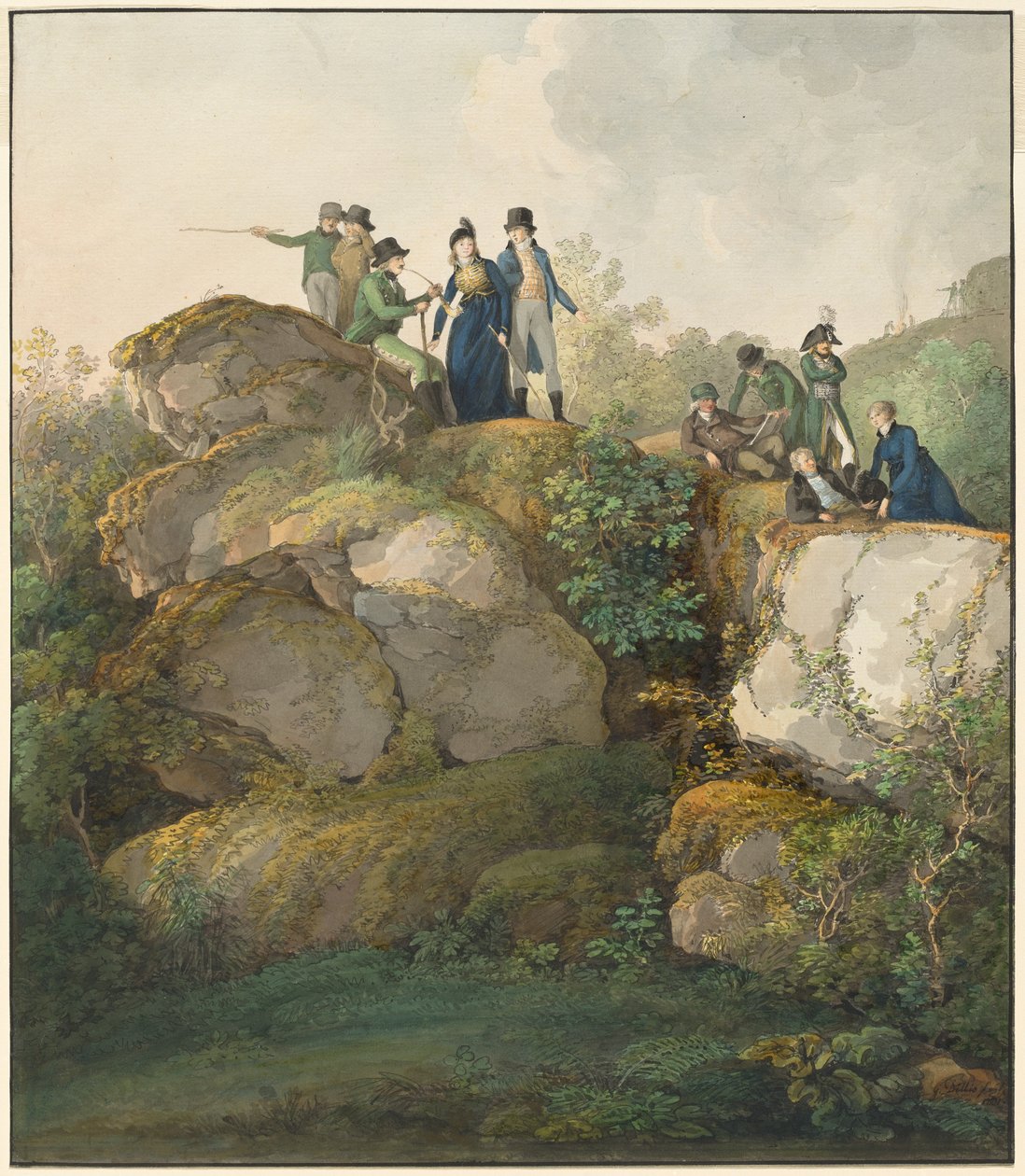 En kunglig fest som beundrar solnedgången på toppen av Hesselbergberget av Johann Georg von Dillis