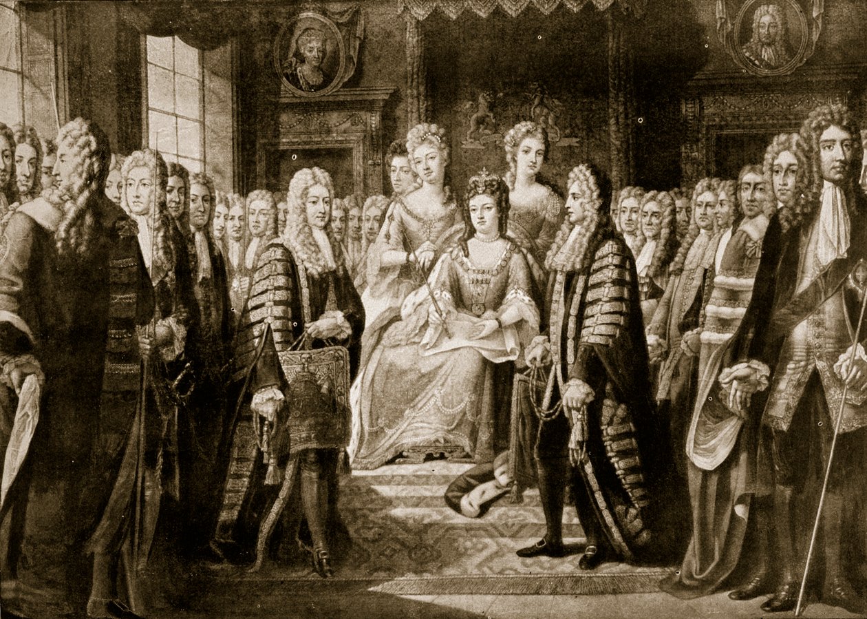 Unionsartiklarna presenteras för drottning Anne, 1706, illustration från "Hutchinson