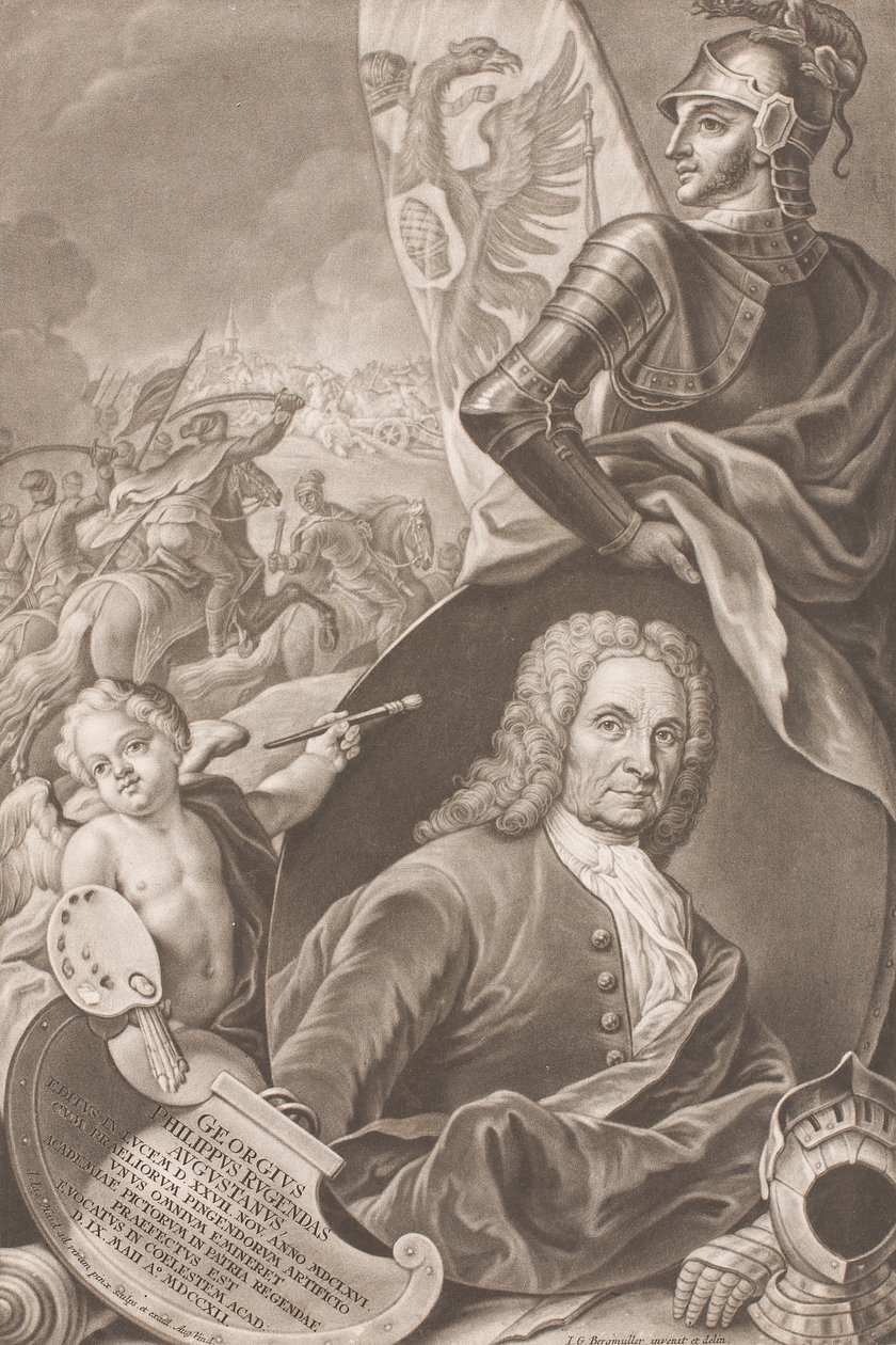 Byst av målaren Georg Philipp Rugendas med en stridsscen i bakgrunden av Johann Gottfried Haid