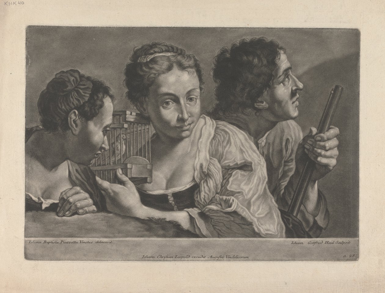 Två kvinnor som lyssnar på en fågel, med en man som håller en pistol av Johann Gottfried Haid