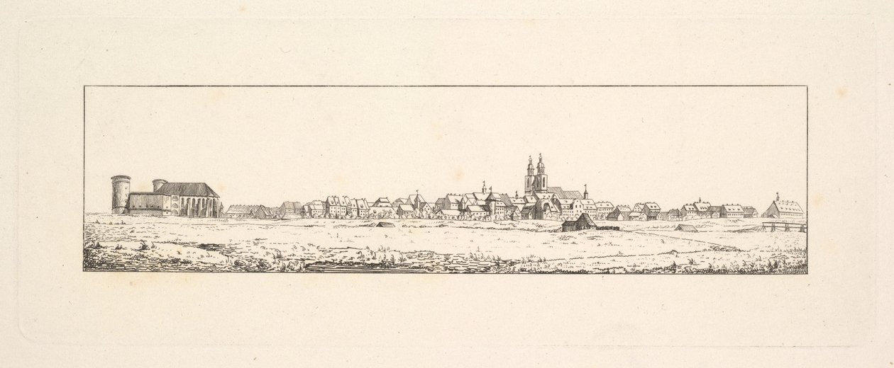Utsikt över en gammal stad med en kyrka och höga gavelhus.n.d. av Johann Gottfried Schadow