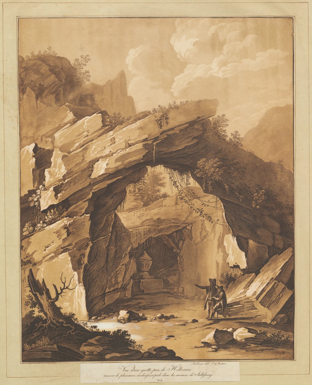 Utsikt över grottan vid Heilbrunn, nära Salzburg av Johann Gottlieb Prestel, after Schellinger