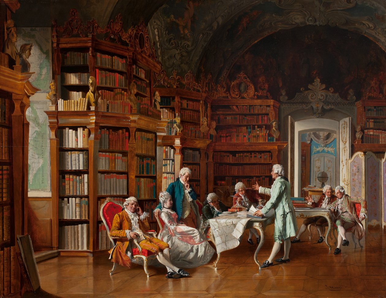 Biblioteksscen, sent 1800-tal (olja på panel) av Johann Hamza