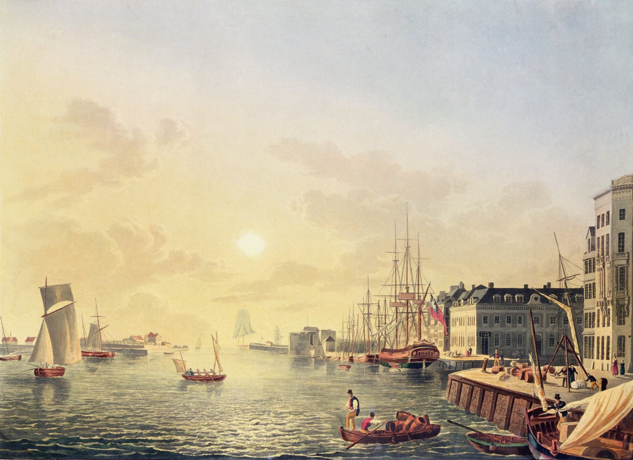 Utsikt över hamnen och hamnen i Le Havre, tidigt 1800-tal (färggravyr) av Johann Heinrich (after) Luttringshausen