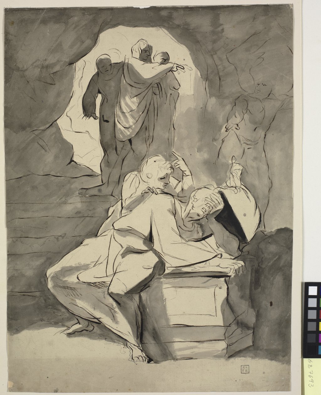 En man i förtvivlan över en gravsten i en grotta med andra figurer av Johann Heinrich Füssli