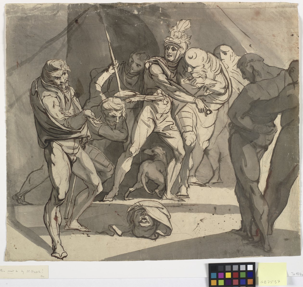 Richard Plantagenet kastar det avhuggna huvudet av hertigen av Somerset för sin fars fötter. Illustration till Shakespeares Henry VI, del 3, akt 1, rad 20 av Johann Heinrich Füssli