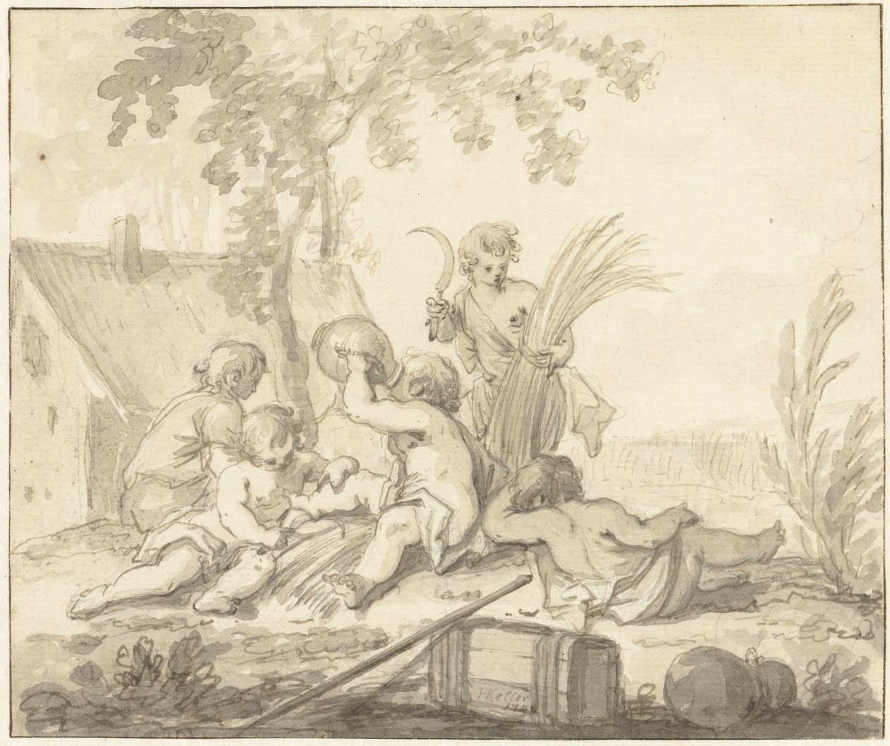 Allegorisk representation med barn och jordbrukets attribut av Johann Heinrich Keller (II)