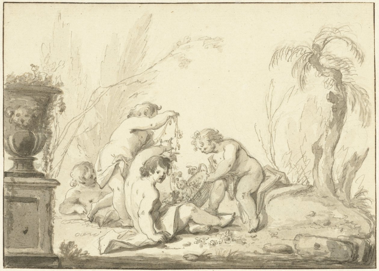 Allegorisk representation med barn med en korg med blommor av Johann Heinrich Keller (II)