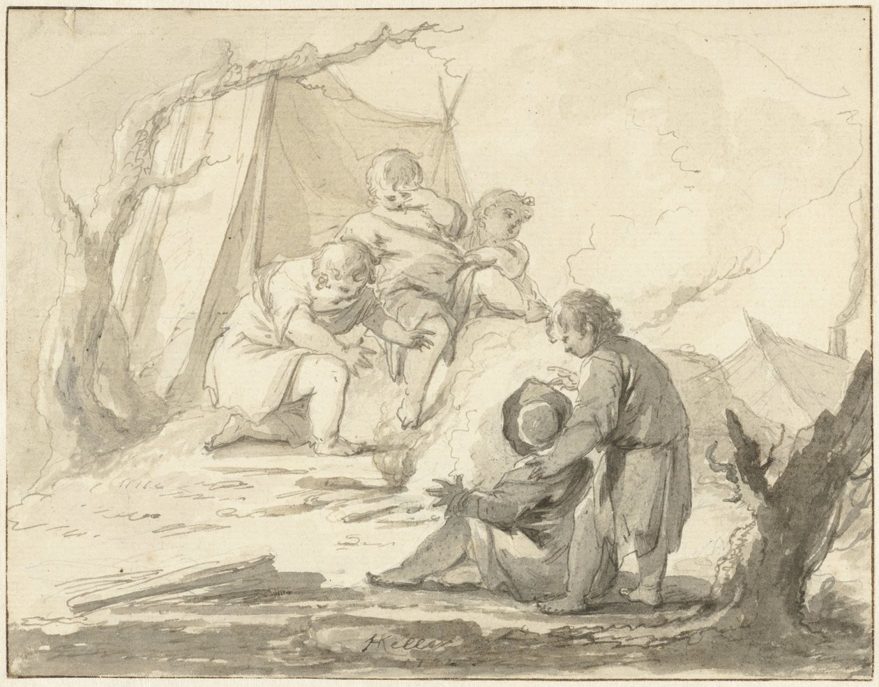 Allegorisk föreställning med barn runt en eld av Johann Heinrich Keller (II)