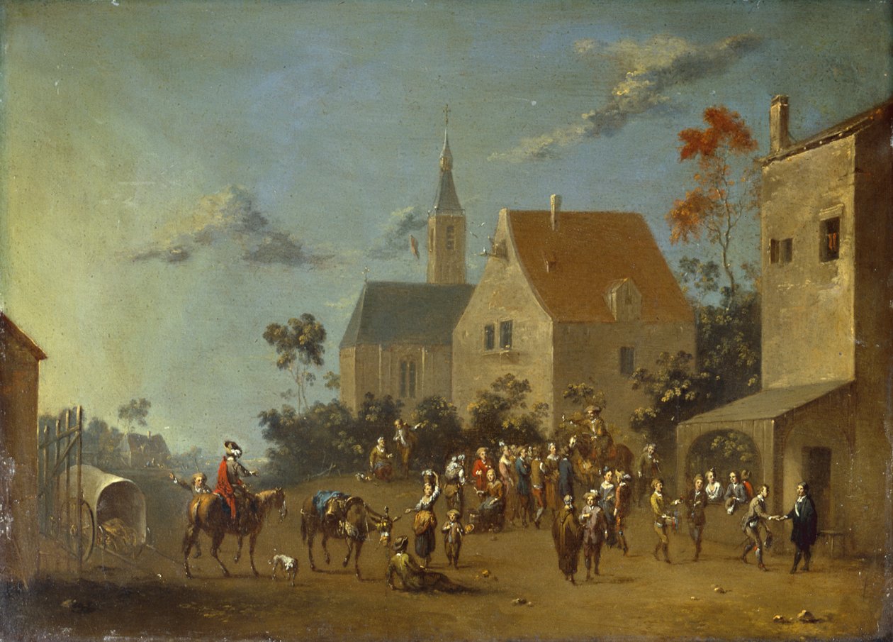 Bönder samlas i en by (olja på metall) av Johann Heinrich Keller