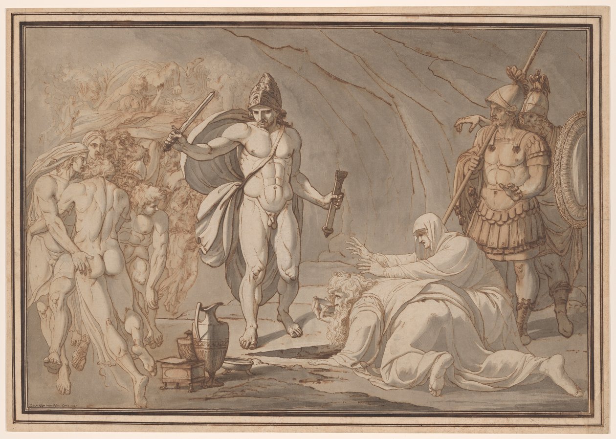 Odysseus, vid Hades portar, möter Tiresias och Anticleas skuggor av Johann Heinrich Lips