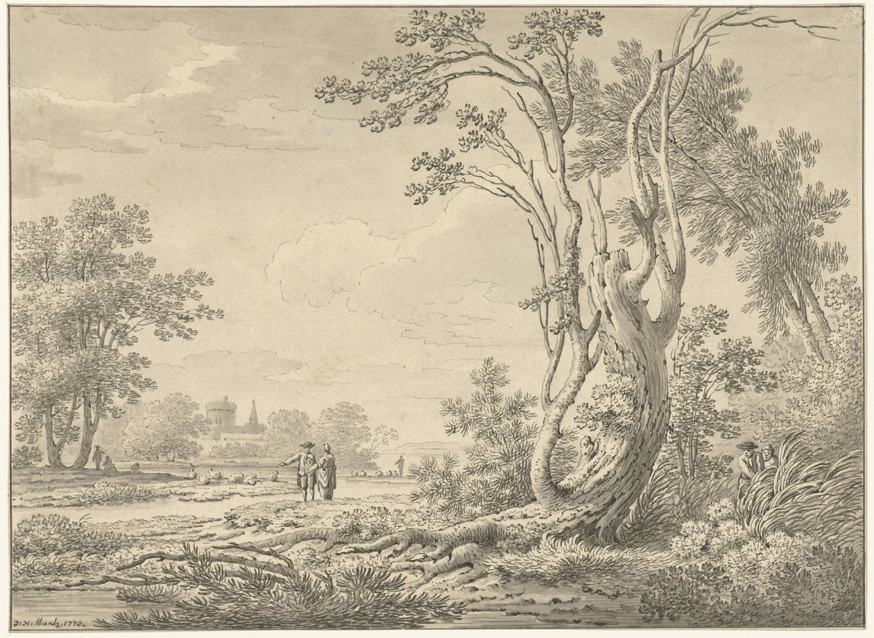 Södra landskap med slott, boskap och vandrare av Johann Heinrich Muntz