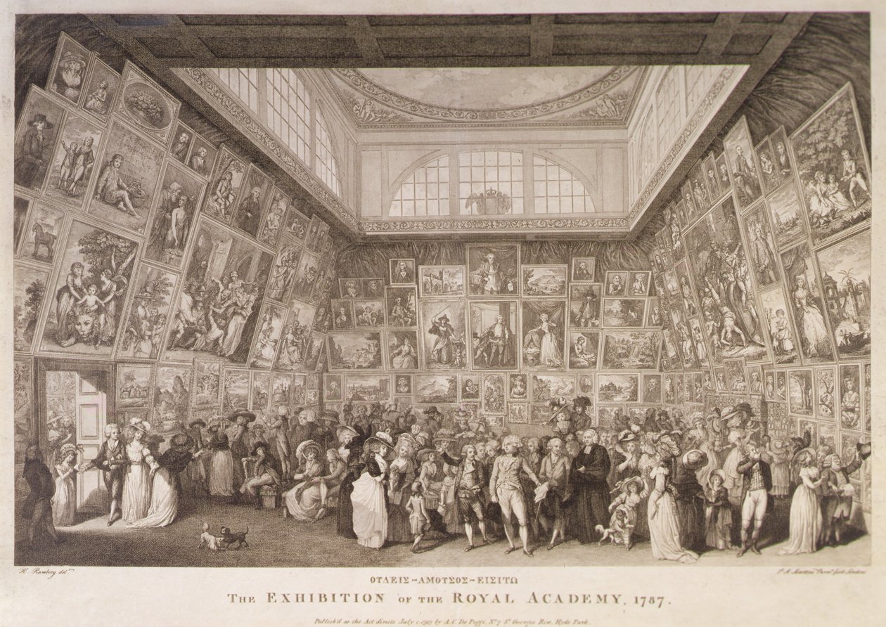 Interiörvy av Somerset House som visar en utställning av Royal Academy of Arts 1787 av Johann Heinrich Ramberg