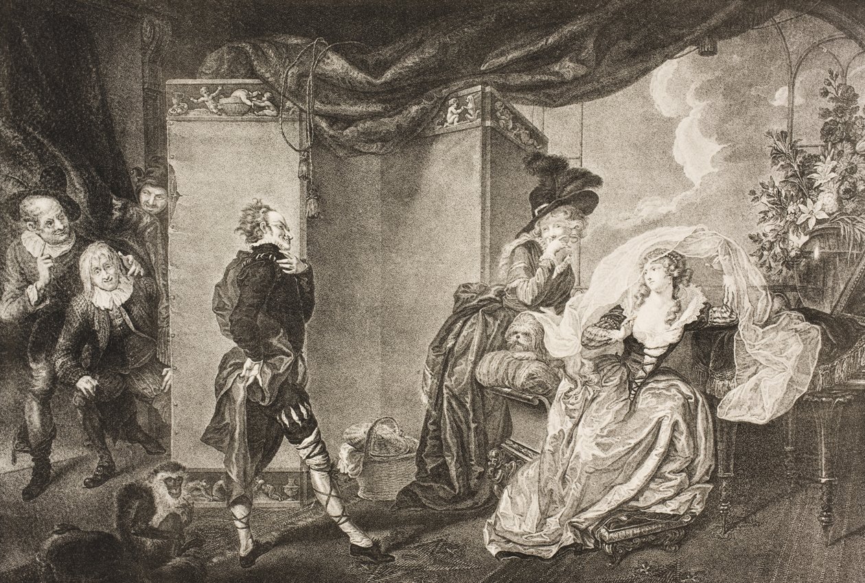 Olivias trädgård, akt III, scen IV, från "Twelfth Night, Or What You Will", från The Boydell Shakespeare Gallery, publicerad i slutet av 1800-talet. av Johann Heinrich Ramberg