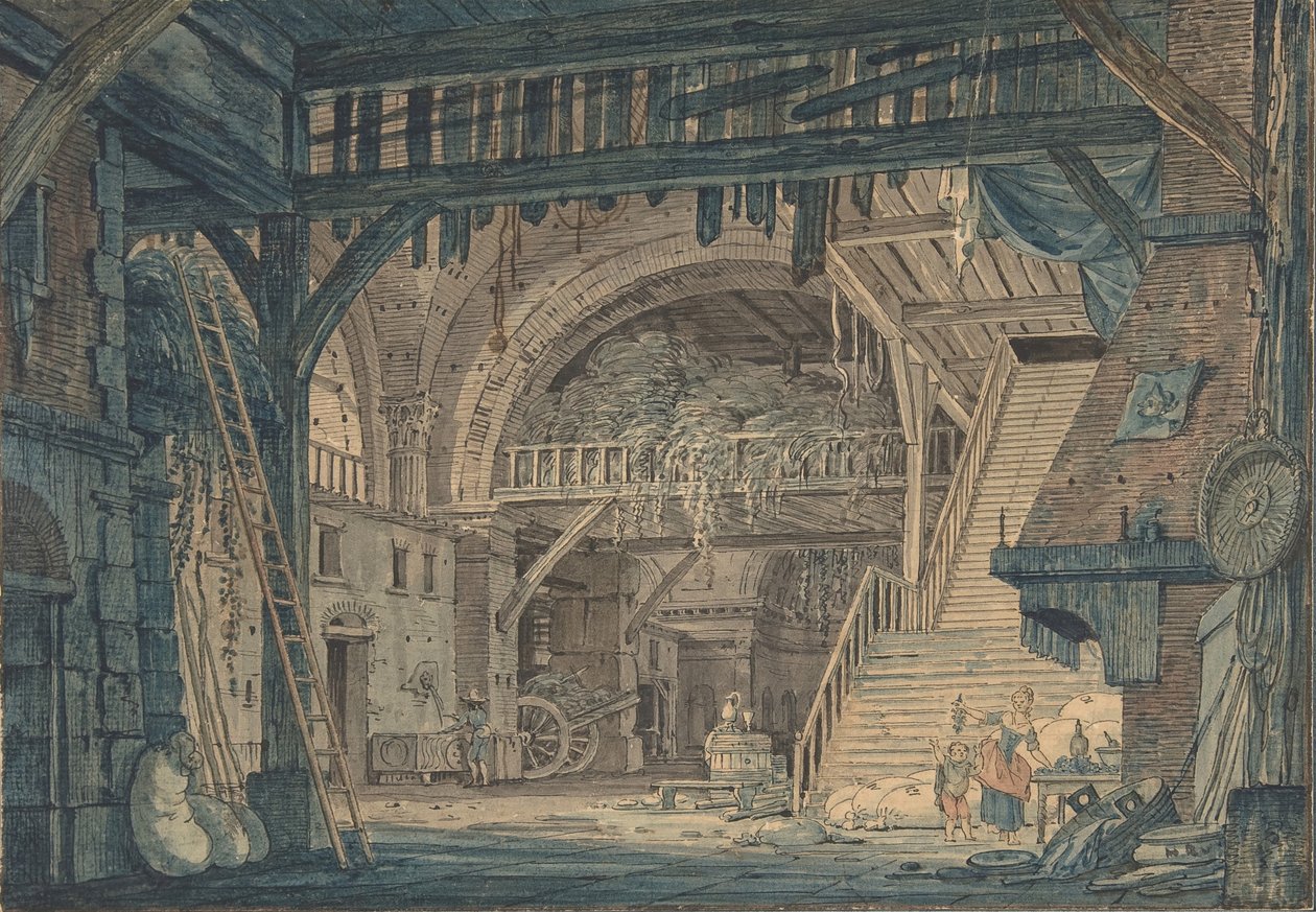 Scenografi av en antik romersk ruin som omvandlas till en lada, sent 1700-mitten av 1800-talet. av Johann Heinrich Ramberg
