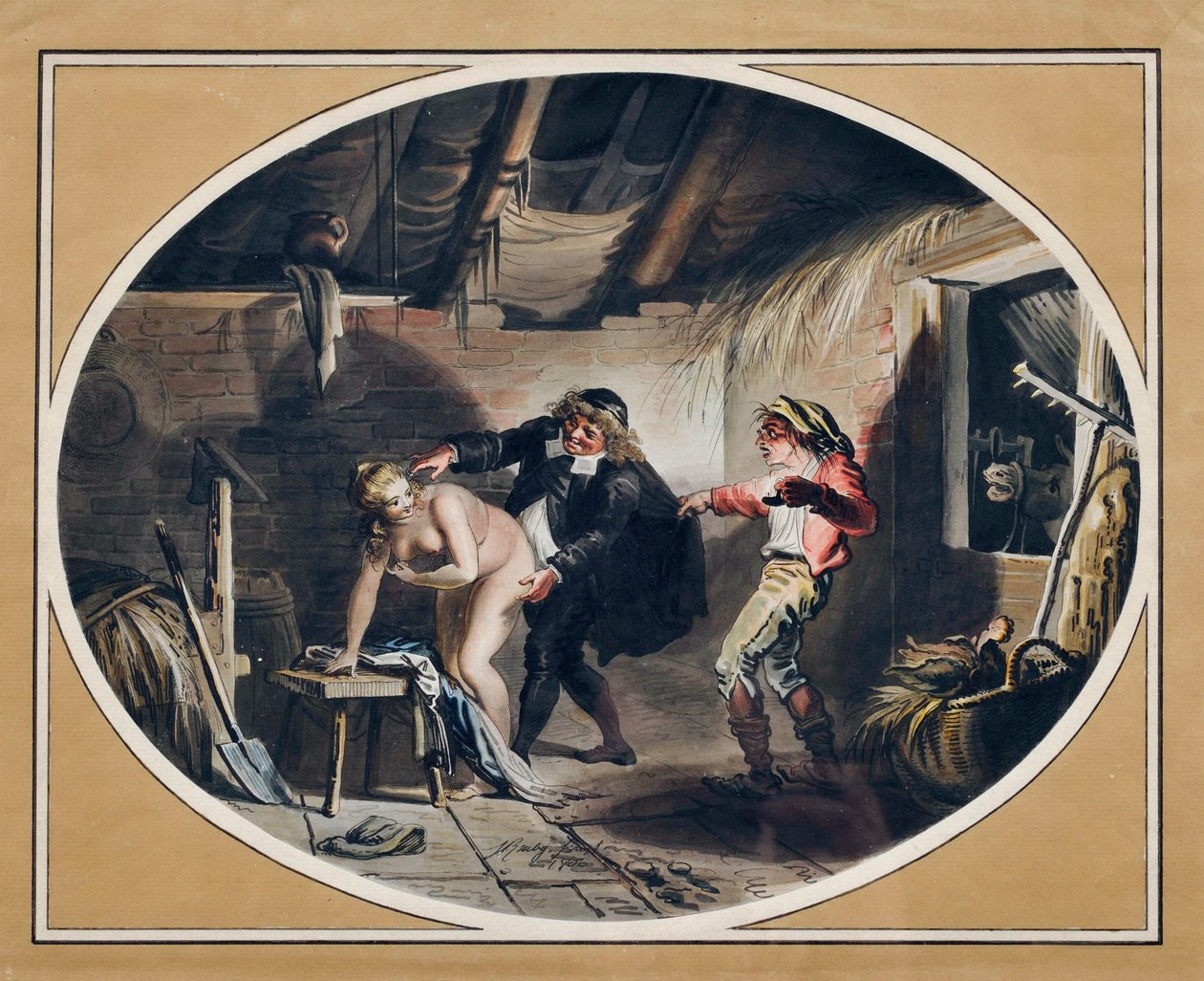 Stoet till Compere Pierre. (gravyr och akvarell av Johann Heinrich Ramberg
