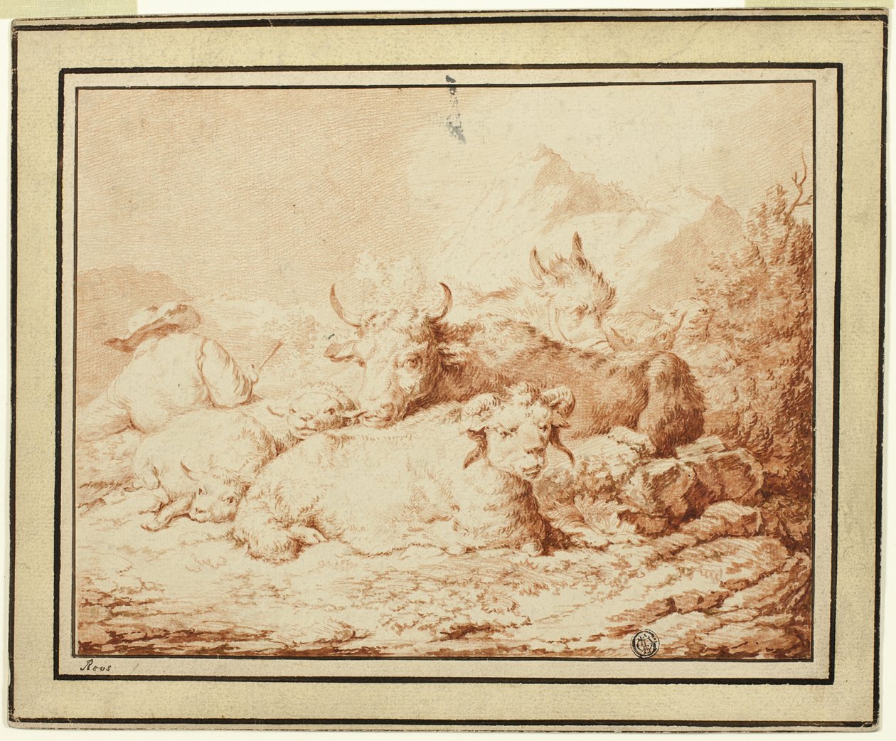 Nötkreatur och får med herdar i stenigt landskap av Johann Heinrich Roos