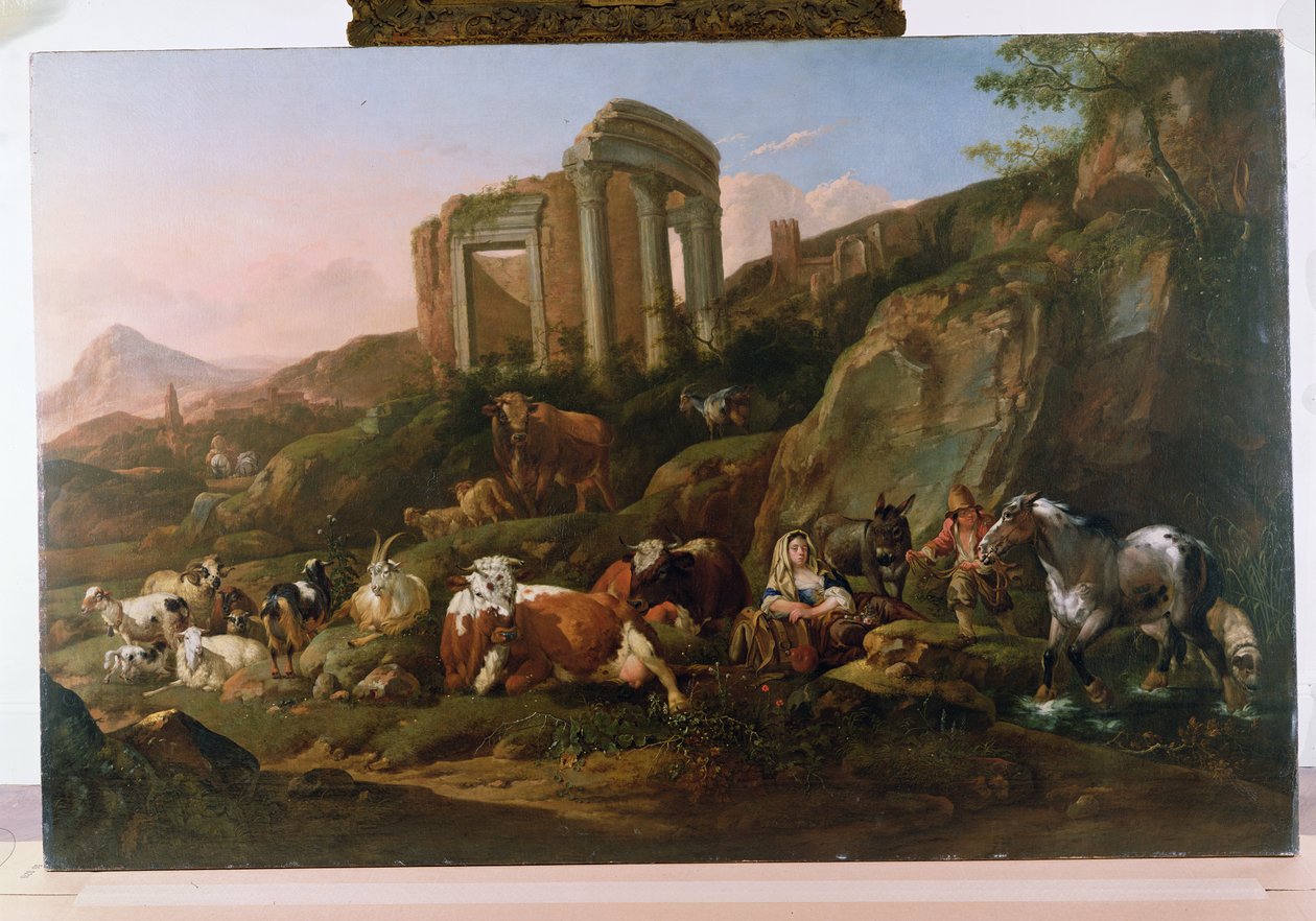 Klassiskt landskap med djur av Johann Heinrich Roos