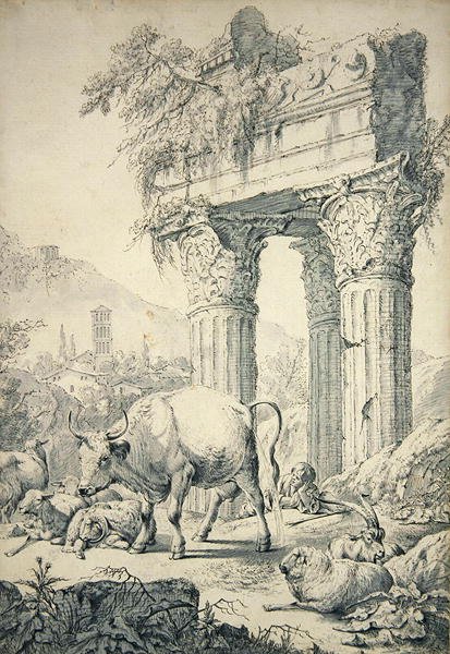 Ko i Campagnian landskap (grafit och penna på papper) av Johann Heinrich Roos